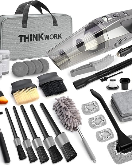 THINKWORK Car Cleaning Kit, Car Detailing Kit Interior Cleaner with High Power Handheld Vacuum, 10Pcs Detailing Brush and Storage Bag, Gray Auto Interior Cleaning Kit for Men