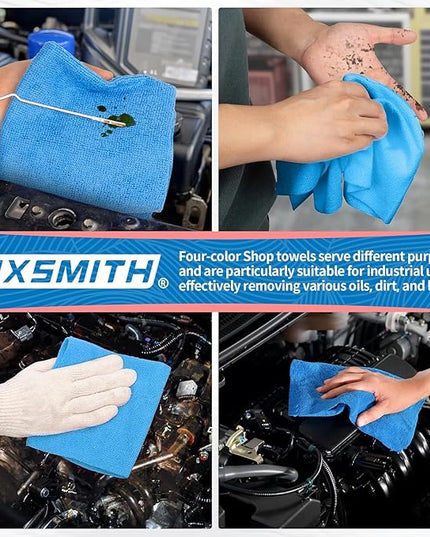 FIXSMITH Microfiber Cleaning Cloth, Shop Towels Bulk, 24 Pack Blue Microfiber Towels for Cars, All-Purpose Absorbent Cleaning Rags, Dust Cloth for Automotive, Mechanic, Garage, Bar, 12 x 11 inch