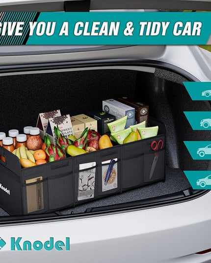 K KNODEL Car Trunk Organizer, Foldable Organizer for Car, Automotive Consoles & Organizers, 3 Compartments Storage with Reinforced Handles (Large, Black)