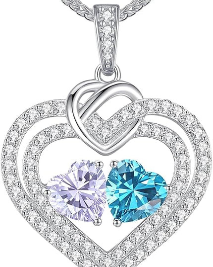 LOUISA SECRET Sparkling Double Heart Birthstone Necklaces for Women, 925 Sterling Silver Fine Jewelry, Pendant Heart Necklaces Birthday Anniversary Christmas Gift for Women Wife Mom Girlfriend Lady