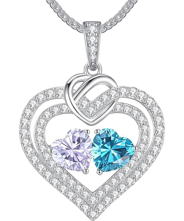 LOUISA SECRET Sparkling Double Heart Birthstone Necklaces for Women, 925 Sterling Silver Fine Jewelry, Pendant Heart Necklaces Birthday Anniversary Christmas Gift for Women Wife Mom Girlfriend Lady