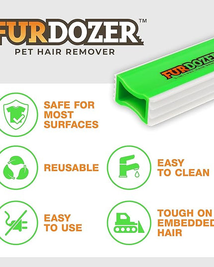 FurDozer Pet Hair Remover & Auto Detailing Tools - Cat & Dog Hair Remover for Carpets, Car Interiors, Couches, Bedding, & Pet Furniture (Green, X3 MEGA - 10" Long)