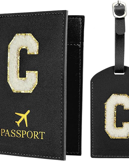 PATIKIL Passport Holder for Travel, Initial Passport Cover and Luggage Tag Set with Alphabet Chenille Letter Patch Travel Wallet Bag Suitcase Identifier for Women Family Travel Black C