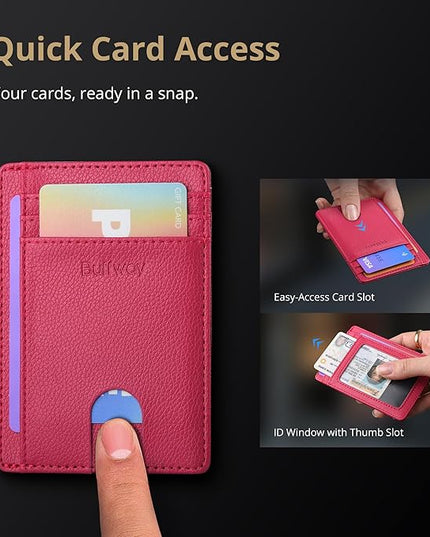 Buffway Slim Minimalist Front Pocket RFID Blocking Leather Wallets for Men and Women - Lichee Red