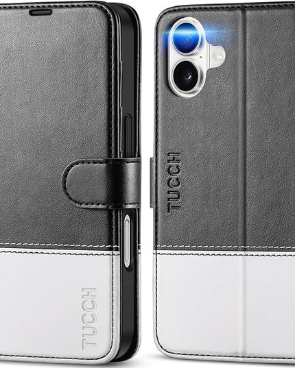 TUCCH Wallet Case for iPhone 16, Kickstand [RFID Blocking] [4 Card Slots] TPU Interior Protective Case, Magnetic Folio Shockproof PU Leather Flip Cover Compatible with iPhone 16 5G, Black & White