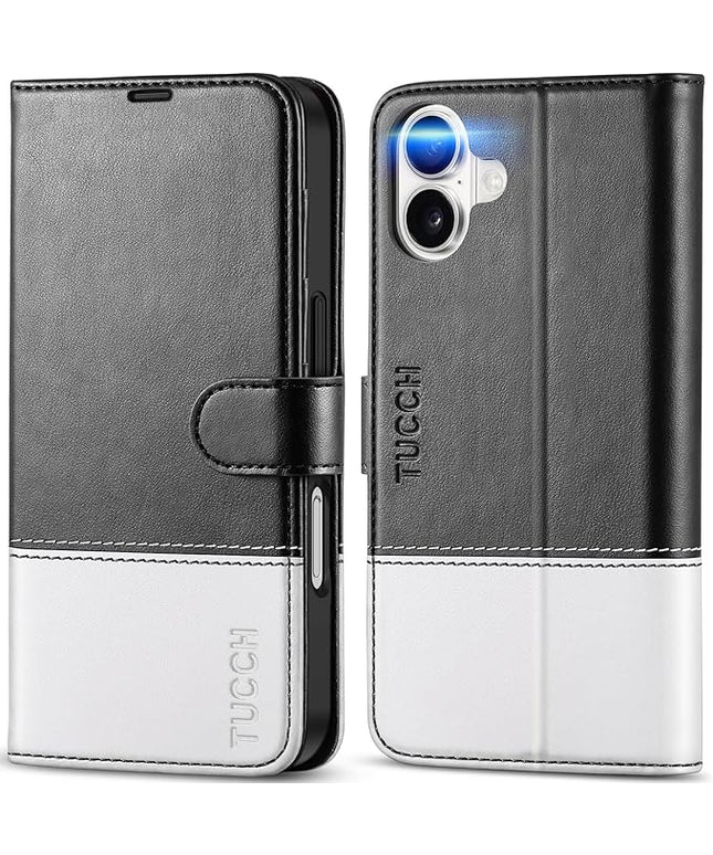 TUCCH Wallet Case for iPhone 16, Kickstand [RFID Blocking] [4 Card Slots] TPU Interior Protective Case, Magnetic Folio Shockproof PU Leather Flip Cover Compatible with iPhone 16 5G, Black & White