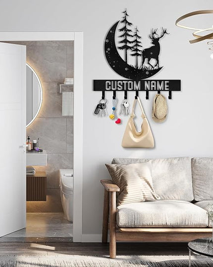 Kotagi Personalized Key Holder for Wall | Key Organizer for Wall Mount | Custom Deer Forest Theme Key Hooks Coat Rack | Christmas Housewarming Gifts | Key Hanger Wall Decor for Living Room Doorway
