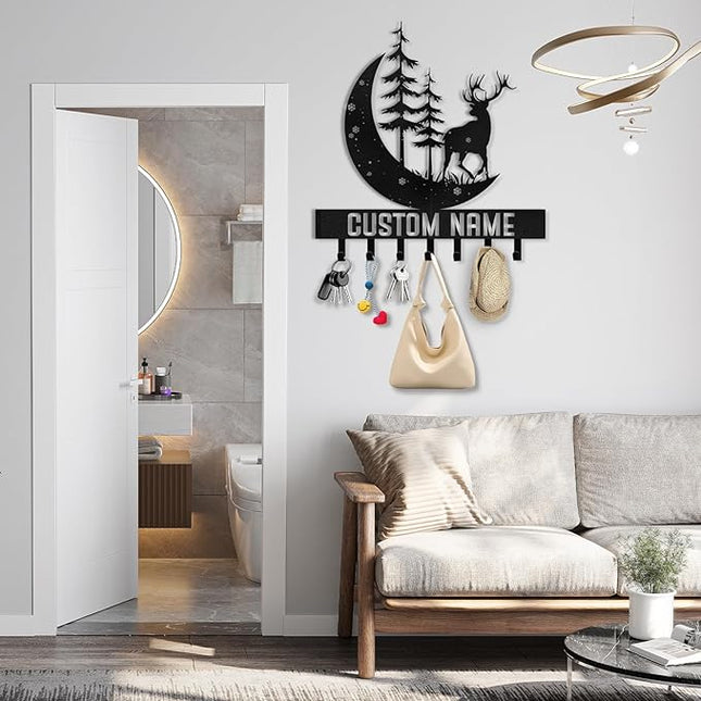 Kotagi Personalized Key Holder for Wall | Key Organizer for Wall Mount | Custom Deer Forest Theme Key Hooks Coat Rack | Christmas Housewarming Gifts | Key Hanger Wall Decor for Living Room Doorway