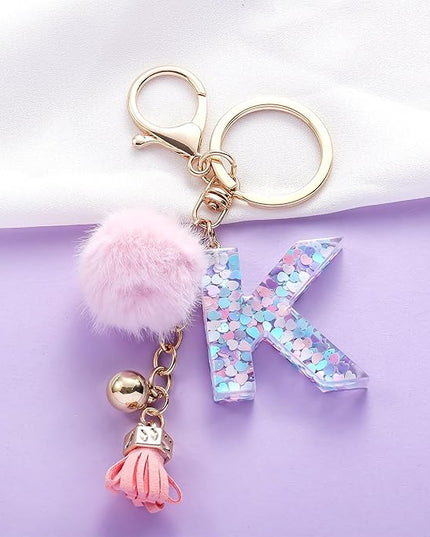 Resin Alphabet Initial Letter Keychain Keyring for Women Purse Handbags With Fur Ball Pom