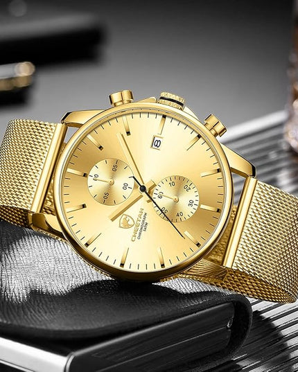 GOLDEN HOUR Mens Watch Fashion Sleek Minimalist Quartz Analog Mesh Stainless Steel Waterproof Chronograph Watches for Men with Auto Date