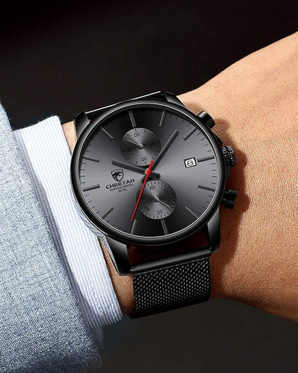GOLDEN HOUR Mens Watch Fashion Sleek Minimalist Quartz Analog Mesh Stainless Steel Waterproof Chronograph Watches for Men with Auto Date