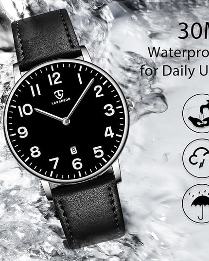 L LAVAREDO Watch for Men, Extremely Thin Mens Watches Minimalist Analog Men's Leather Wrist Watches with Time/Date, Birthday Gift for Men Boyfriend