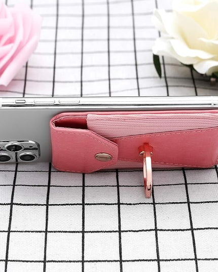 Cell Phone Card Holder,Card Holder for Back of Cell Phone with Ring Grip Stand,Adhesive Stick-on Credit Card Wallet Pocket with Detachable Neck Strap Pink