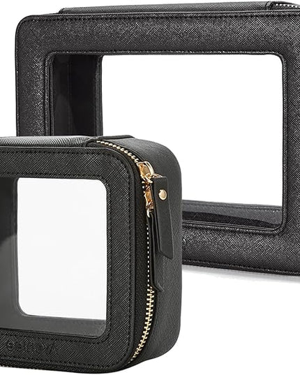 Aveniee Clear Makeup Bag Set (2-Piece Mini & Midi) - Travel Toiletry Organizer for Women, Waterproof Cosmetic Pouch & Car Accessory for Travel Size Toiletries, Black