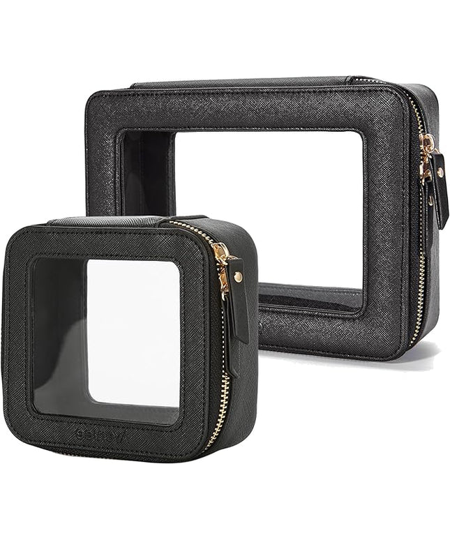 Aveniee Clear Makeup Bag Set (2-Piece Mini & Midi) - Travel Toiletry Organizer for Women, Waterproof Cosmetic Pouch & Car Accessory for Travel Size Toiletries, Black