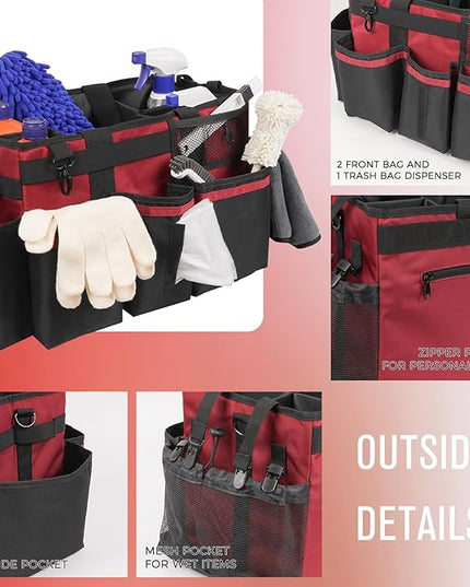 Wearable Cleaning Caddy, Cleaning Caddy Supplies Organizer with Handle & Shoulder Straps for Housekeepers, Under Sink & Car Cleaning Tool Organizers Bag with 4 Foldable Divider (Wine)