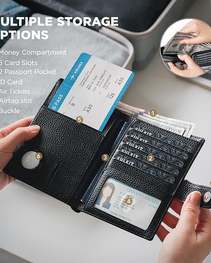 VULKIT Dual Leather Passport Wallet with Airtag Holder Slim Double Passport Holder RFID Blocking Passport Travel Wallet for Women or Men