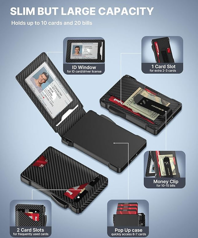 typecase Tactical Wallet for Men Card Holder: Pop Up Card Case, Genuine Leather, Smart, RFID Blocking, Slim, Minimalist, Thin, Front Pocket - 9-13 Card Capacitiy, ID Window, Money Clip (Carbon Fiber)