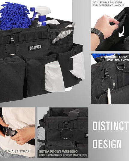 Wearable Cleaning Caddy Bag, Supplies Organizer with Handle & Shoulder Straps for Housekeepers, Under Sink & Car Cleaning Tool Organizer with 4 Foldable Dividers (Black)