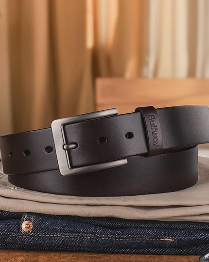 Buffway Men’s Full Grain Leather Belt – Solid One-Piece Leather, 1.5” Wide for Jeans & Business Casual, Gift Box Included