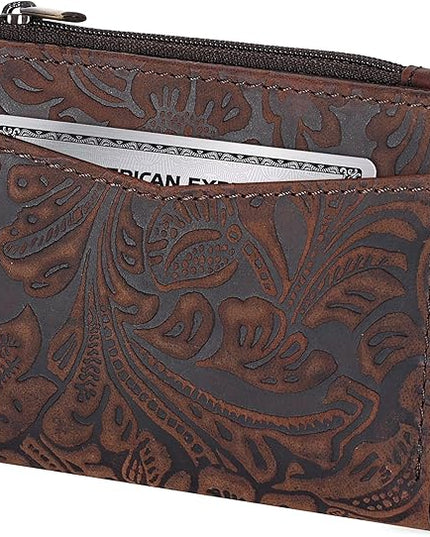 Oak Leathers Leather Wallet For Women - Small RFID Coin Purse Credit Card & ID Holder for Ladies, Gift for Women's, Bifold Wallets (Crazy Horse Brown Flower)