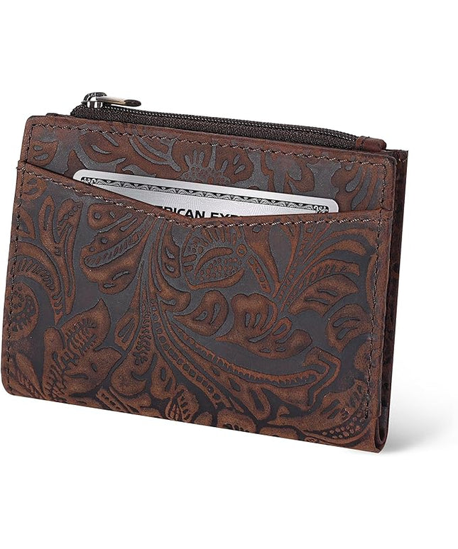 Oak Leathers Leather Wallet For Women - Small RFID Coin Purse Credit Card & ID Holder for Ladies, Gift for Women's, Bifold Wallets (Crazy Horse Brown Flower)