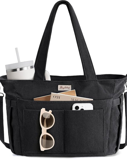 Corduroy Tote Bag for Women, 17 Pockets Laptop Work Tote Bag Lightweight Teacher Nurse Bible Bag for School Travel | with 40oz Cup Holder, Multi Compartment, Zipper Crossbody Bag, College Shoulder Bag, Daily Purse w/ Strap, Ideal Gift for Women