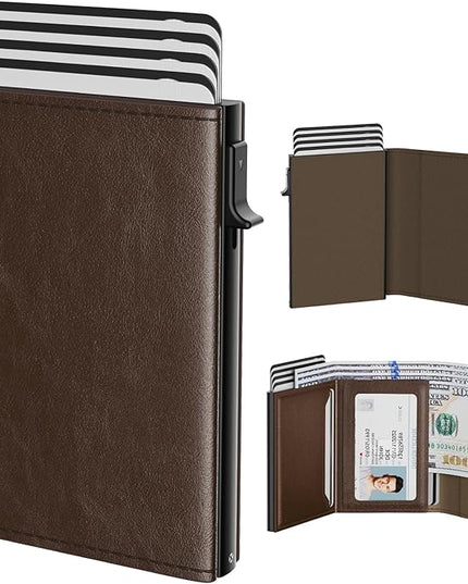 typecase Mens Wallet Card Holder: Pop Up Aluminum Case, Genuine Leather, Smart, RFID Blocking, Slim, Minimalist, Front Pocket - 9-14 Card Capacity | ID Window | Cash Slot (Black Brown)