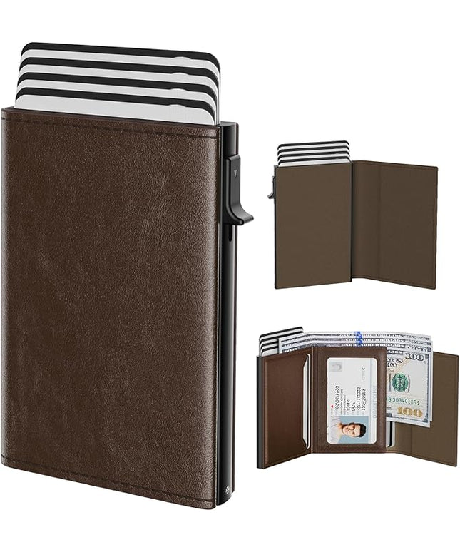 typecase Mens Wallet Card Holder: Pop Up Aluminum Case, Genuine Leather, Smart, RFID Blocking, Slim, Minimalist, Front Pocket - 9-14 Card Capacity | ID Window | Cash Slot (Black Brown)
