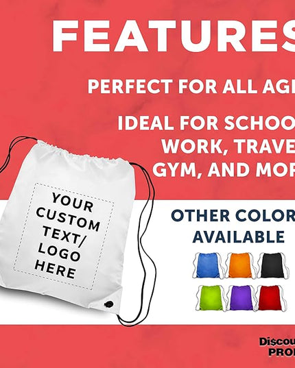 DISCOUNT PROMOS Custom Classic Polyester Drawstring Bagpack Set of 10/50/100, Personalized Bulk Pack - Great for Travelling, Gym and for Everyday Use - White