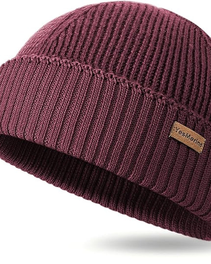 100% Merino Wool Fisherman Beanie for Men Women, Short Knit Cuff Trawler Winter Hat, Warm Soft Outdoor Gift