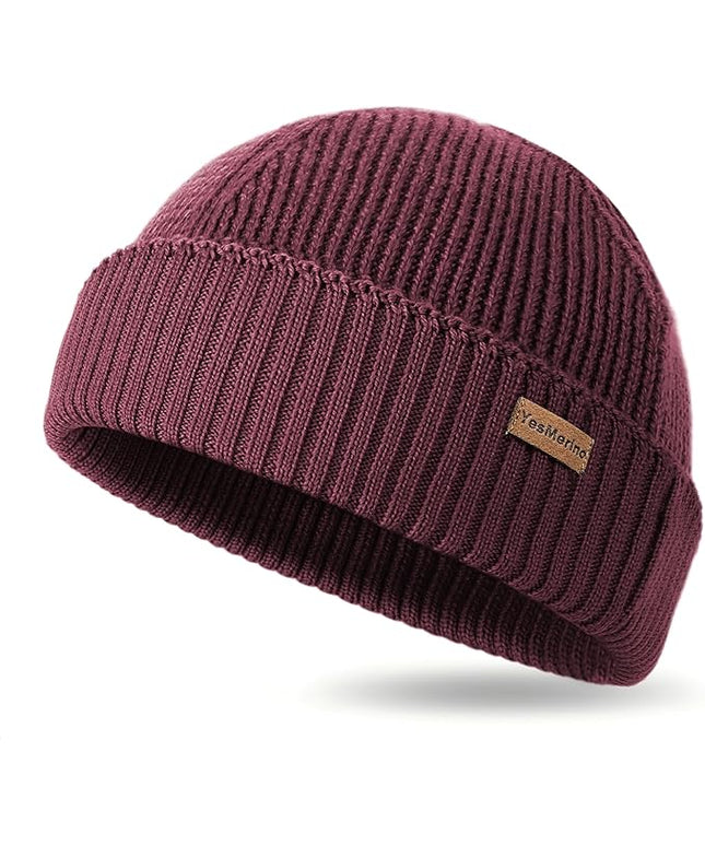 100% Merino Wool Fisherman Beanie for Men Women, Short Knit Cuff Trawler Winter Hat, Warm Soft Outdoor Gift