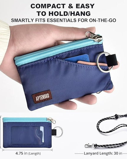 RFID Travel Wallet with Adjustable Lanyard-Zipper Small Wallet with ID Card Holder, Keychain for women&men-Minimalist Slim Waterproof Nylon case for ID, Cash, Key (Navy Blue)