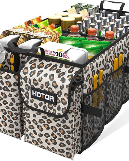 HOTOR Trunk Organizer - Car Organizer, Foldable Trunk organizer for SUVs & Sedans, Sturdy Car Organization for Car Accessories, Tools, Sundries, Brown Leopard, 2 Compartments, 21.3"×12.6"×10.6"