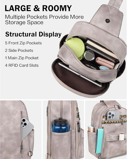 FADEON Large Sling Bag for Women, Leather Crossbody Purse Designer Anti Theft Sling Backpack, RFID Fanny Packs for Travel