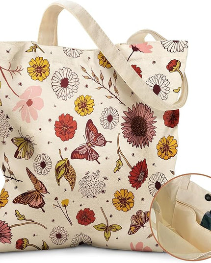 Aesthetic Tote Bag for Girls - with Magnetic Buckle and Zipper Inner Pocket for Women Lady Canvas Cotton Tote Bag