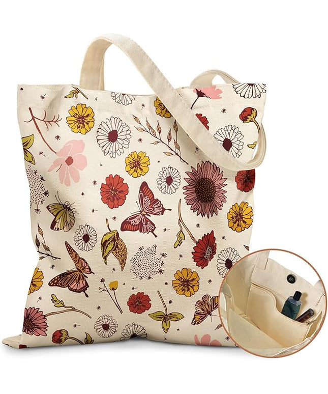 Aesthetic Tote Bag for Girls - with Magnetic Buckle and Zipper Inner Pocket for Women Lady Canvas Cotton Tote Bag