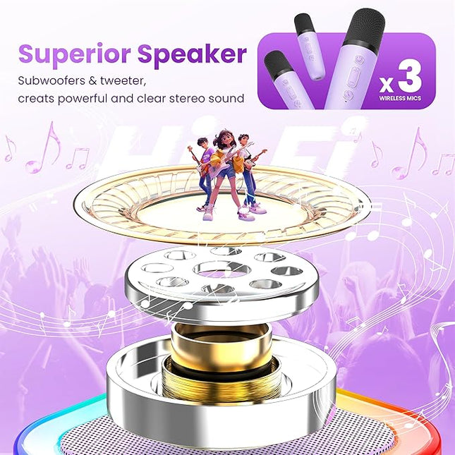 Mini Karaoke Machine for Kids Adults, Portable Bluetooth Speaker with 3 Wireless Karaoke Mics,2026 TOP Birthday Gifts Toys for Girls 3,4, 5, 6, 7, 8+Years Old Karaoke Player(Purple 3 Mics)