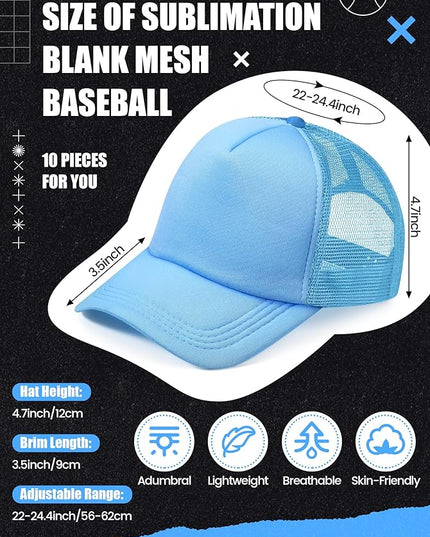 10 Pcs Sublimation Blank Trucker Hats Bulk Mesh Baseball Cap Polyester Mesh Trucker Hat for Men and Women
