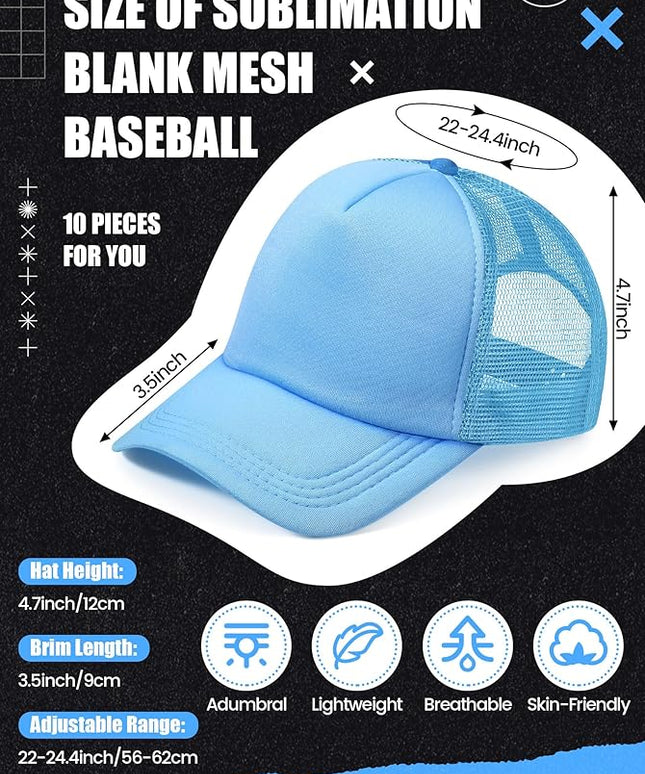 10 Pcs Sublimation Blank Trucker Hats Bulk Mesh Baseball Cap Polyester Mesh Trucker Hat for Men and Women
