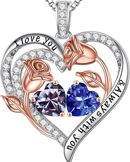 Iefil Christmas Gifts for Women Wife - 925 Sterling Silver Rose Heart Birthstone Necklace Birthday Anniversary Jewelry Gifts for Her Wife Mom Daughter
