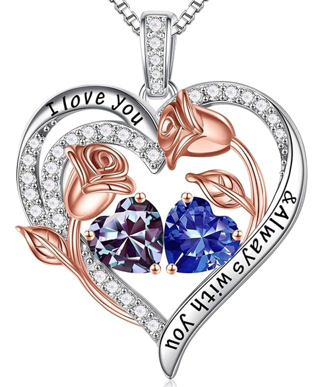 Iefil Christmas Gifts for Women Wife - 925 Sterling Silver Rose Heart Birthstone Necklace Birthday Anniversary Jewelry Gifts for Her Wife Mom Daughter