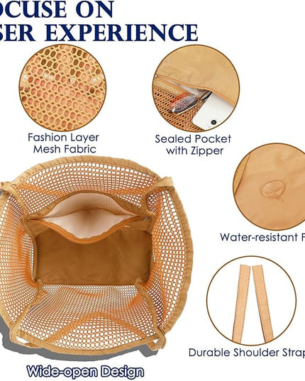 Mesh Beach Bag, Large Beach Tote with Zipper Pocket, Toys Pool Bag for Family Travel Vacation Cruise Essentials