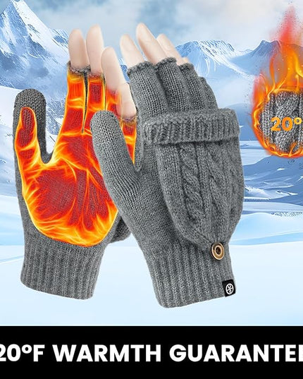 Winter Fingerless Gloves for Women Men Warm Knitted Convertible Mittens Flap Cover
