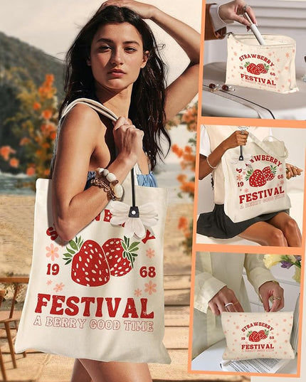 Aesthetic 2 Pack Canvas Tote Bag - with Makeup Pouch Bag for Women Reusable Grocery Bag for Gym, Travel, Work
