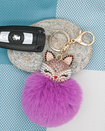 Faux Rabbit Fur Ball Pom Pom Keychain with Fox Head Studded with pearl Rhinestone for Womens Bag Car Key Decoration