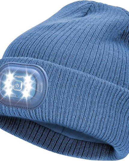 IVYWNT Unisex LED Beanie with Light, USB Rechargeable Headlamp Winter Knitted Hat, Valentine's Day Gift for Men Women, Navy Blue