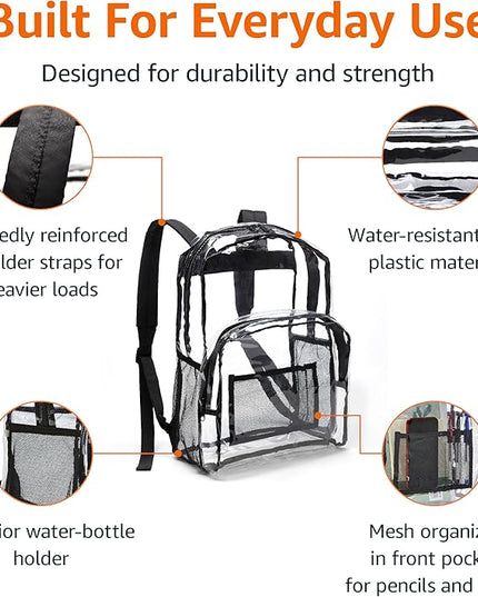 Amazon Basics Transparent School Backpack, With Water-Resistant PVC Plastic Material and Ruggedly Reinforced Shoulder Straps, Clear