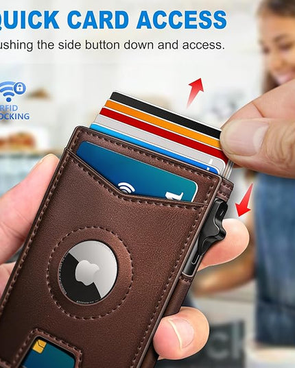 miyozi Airtag Wallet for Men Money Clip 9-Card Pop-Up Credit Card Holder with ID Window RFID Blocking Metal Case Magnetic Closure Front Pocket Wallet Gift Box