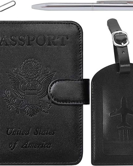 Passport Holder With Luggage Tag Cover Wallet RFID Blocking Leather Case Travel Essentials Accessories Travel Must Have(114#Black)